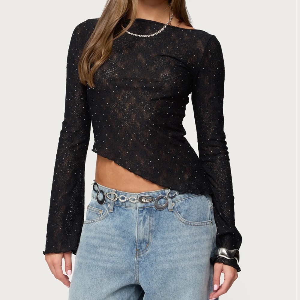 Edikted Mare Asymmetric Gem Sheer Lace Top